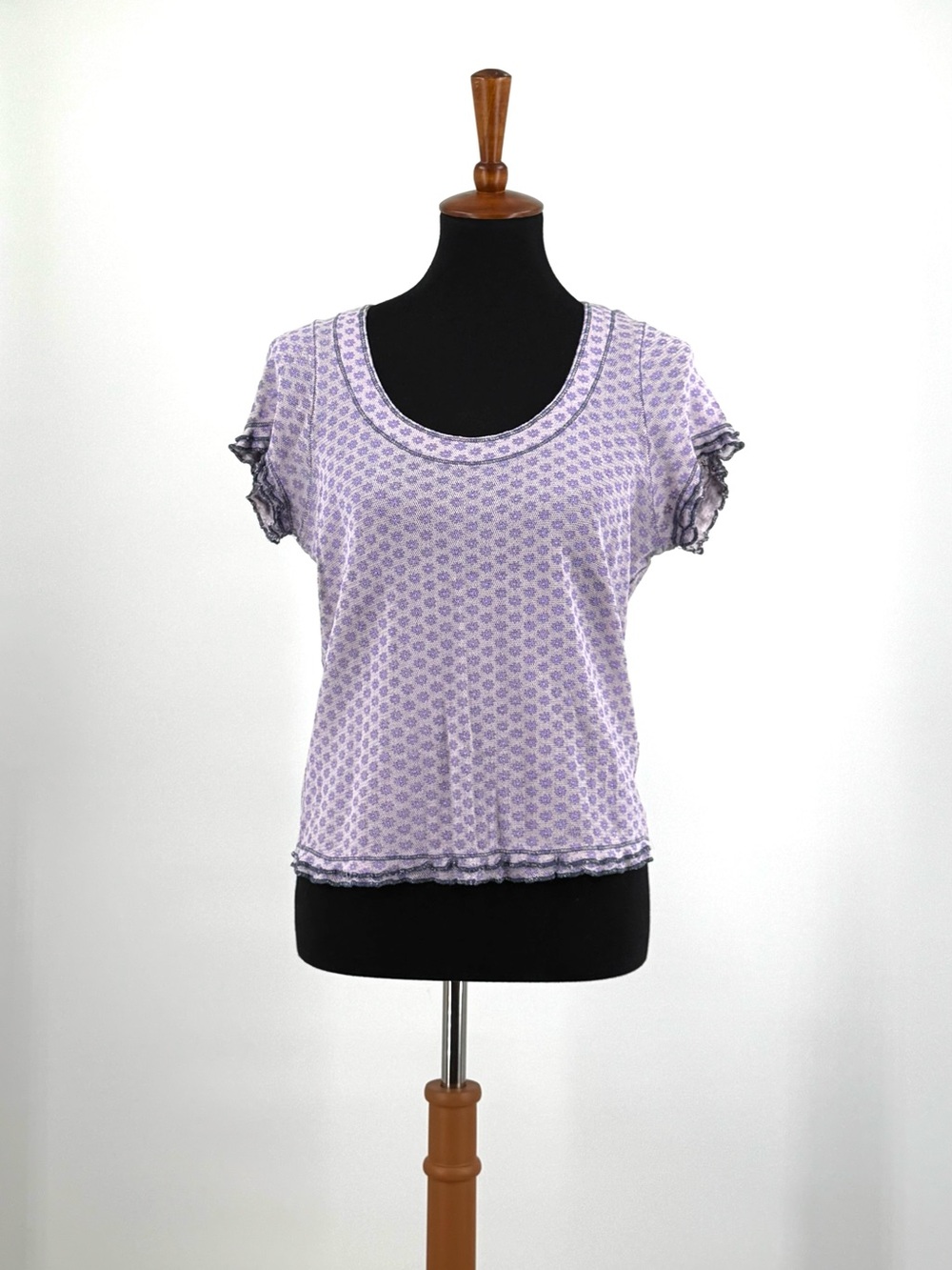 Free People Garner Tee Cotton Lavender Floral Print Ruffle Trim Size XL